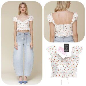 NWT Avec Les Filles Women's Cotton Printed Pleated Cropped Peplum Blouse XS